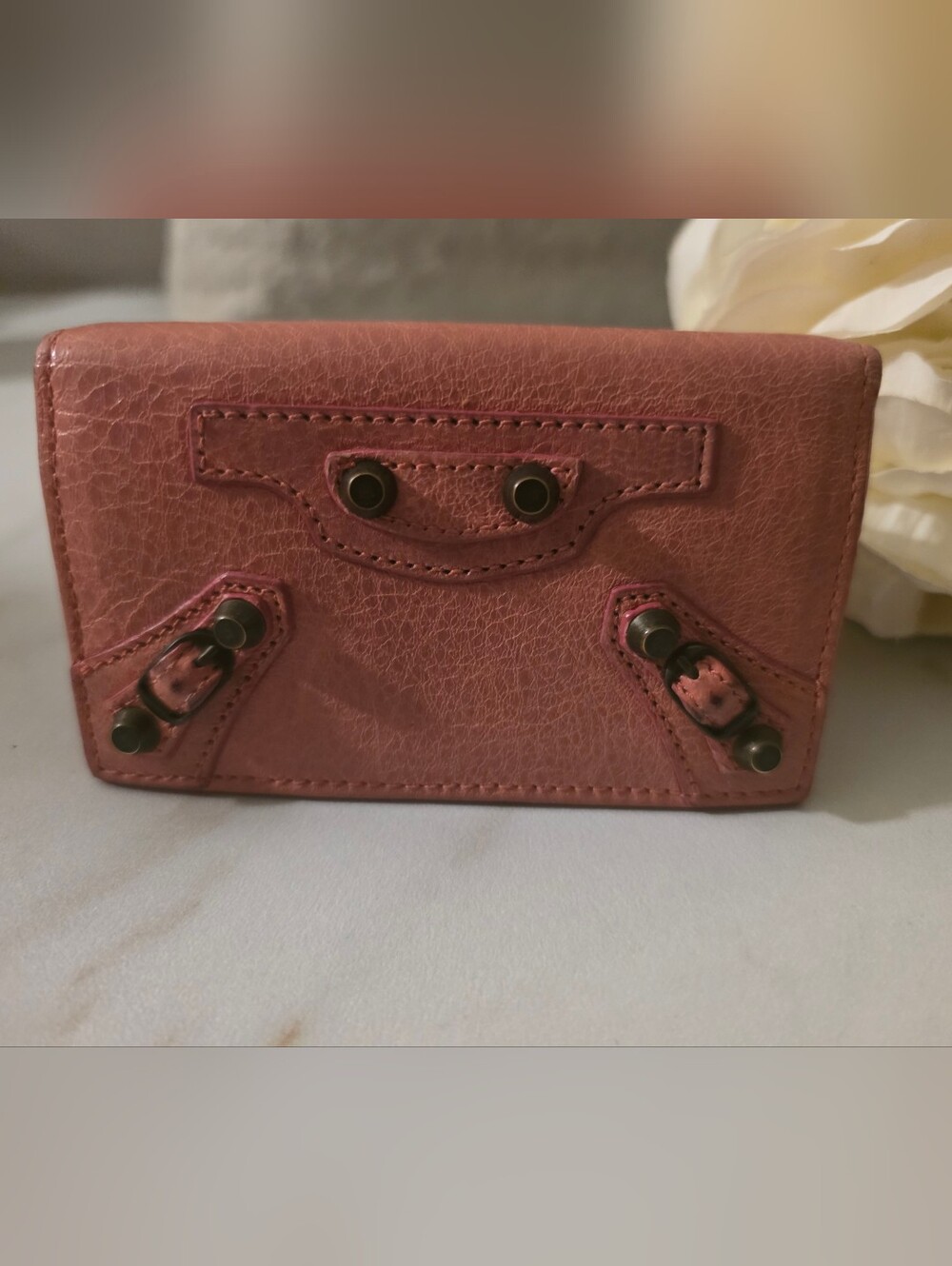 Balenciaga Small Textured Leather Wallet - Rose / Key Holder